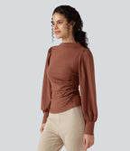 Mock Neck Long Sleeve Ruched Casual Top — Maple Syrup — view 3