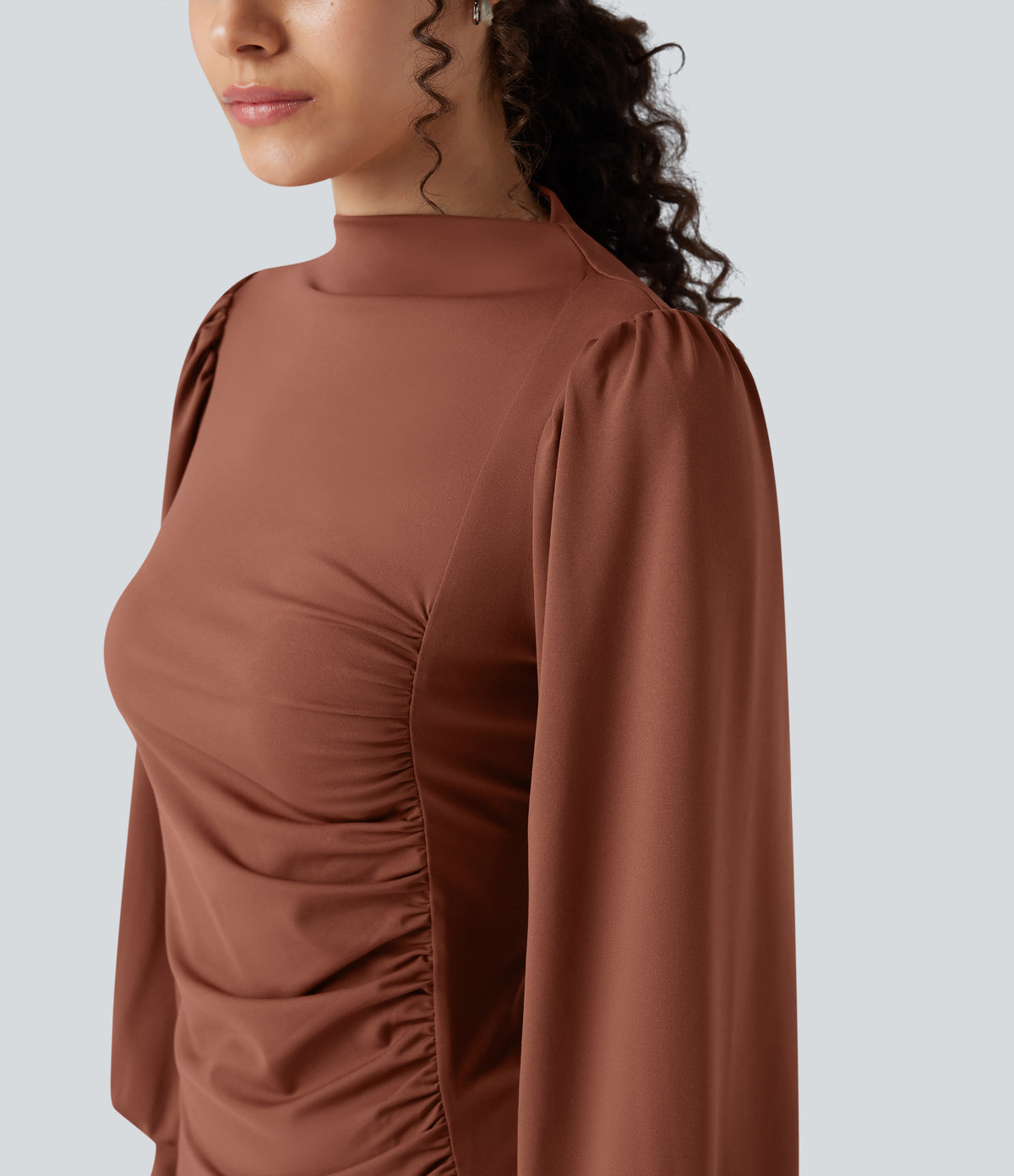 Mock Neck Long Sleeve Ruched Casual Top — Maple Syrup — view 4