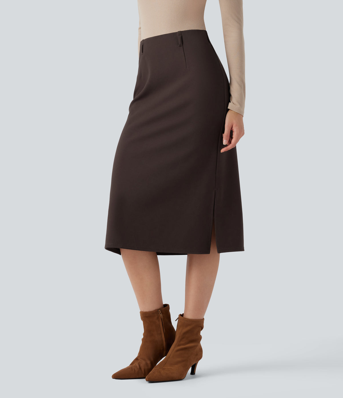 Wear-Resistant High Waisted Split Midi Ponte Roma Work Skirt — After Dark — view 3