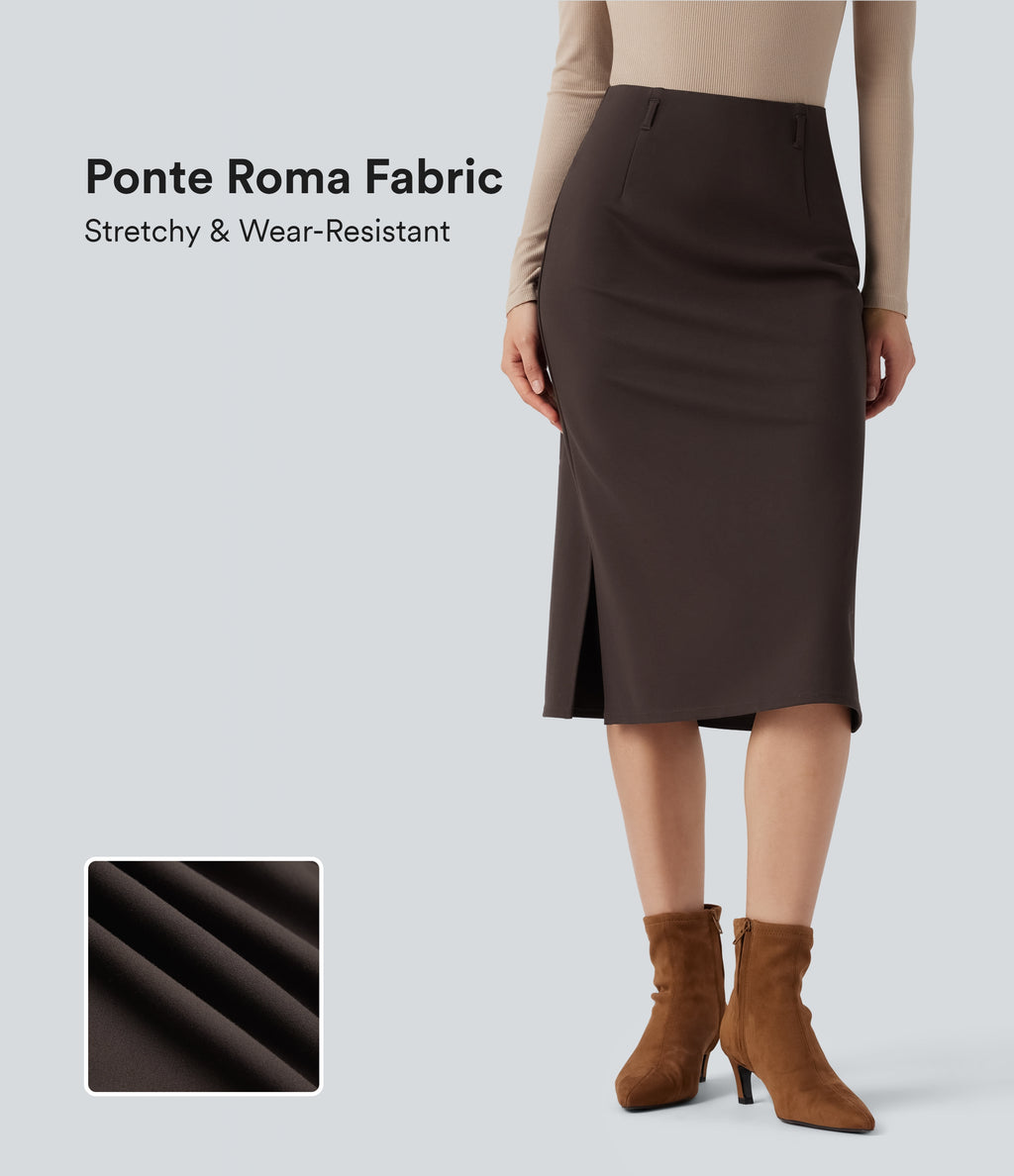 Wear-Resistant High Waisted Split Midi Ponte Roma Work Skirt — After Dark — view 1