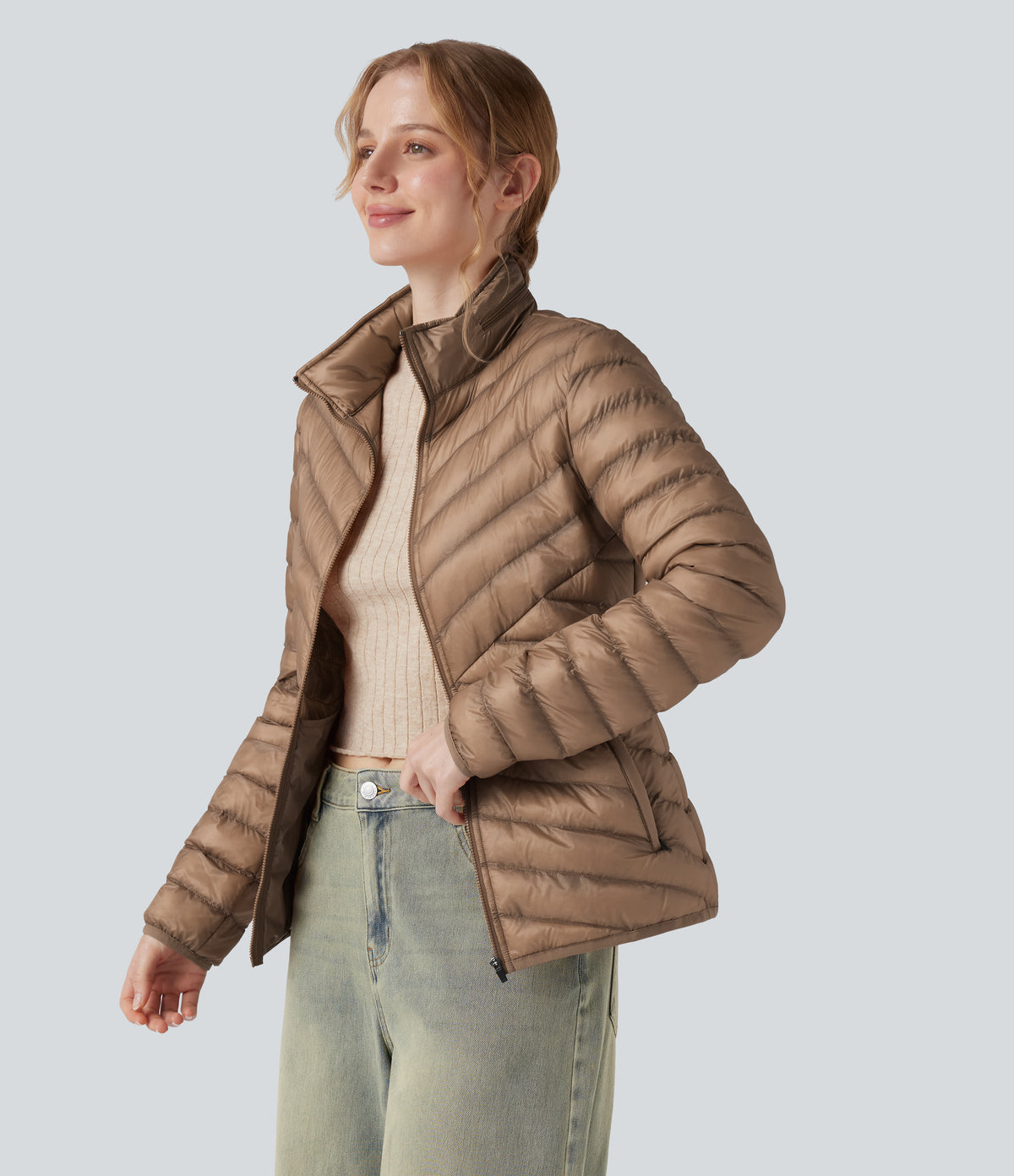 Packable Stand Collar Long Sleeve Zipper Casual Synthetic Down Jacket with Pockets — Coca Mocha — view 3