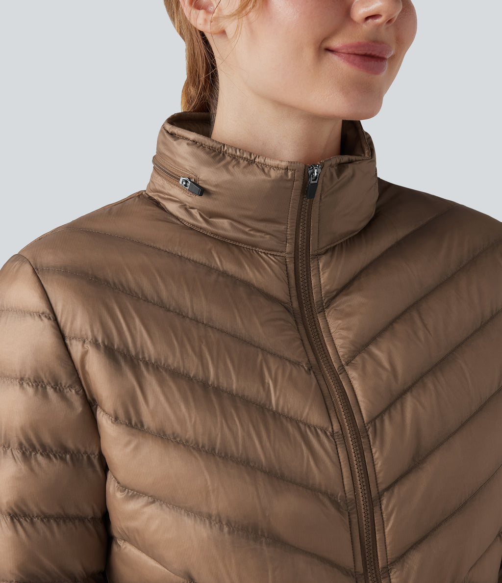 Packable Stand Collar Long Sleeve Zipper Casual Synthetic Down Jacket with Pockets — Coca Mocha — view 4