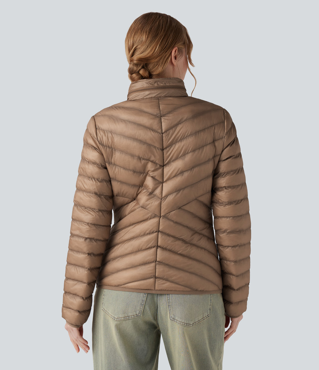 Packable Stand Collar Long Sleeve Zipper Casual Synthetic Down Jacket with Pockets — Coca Mocha — view 2