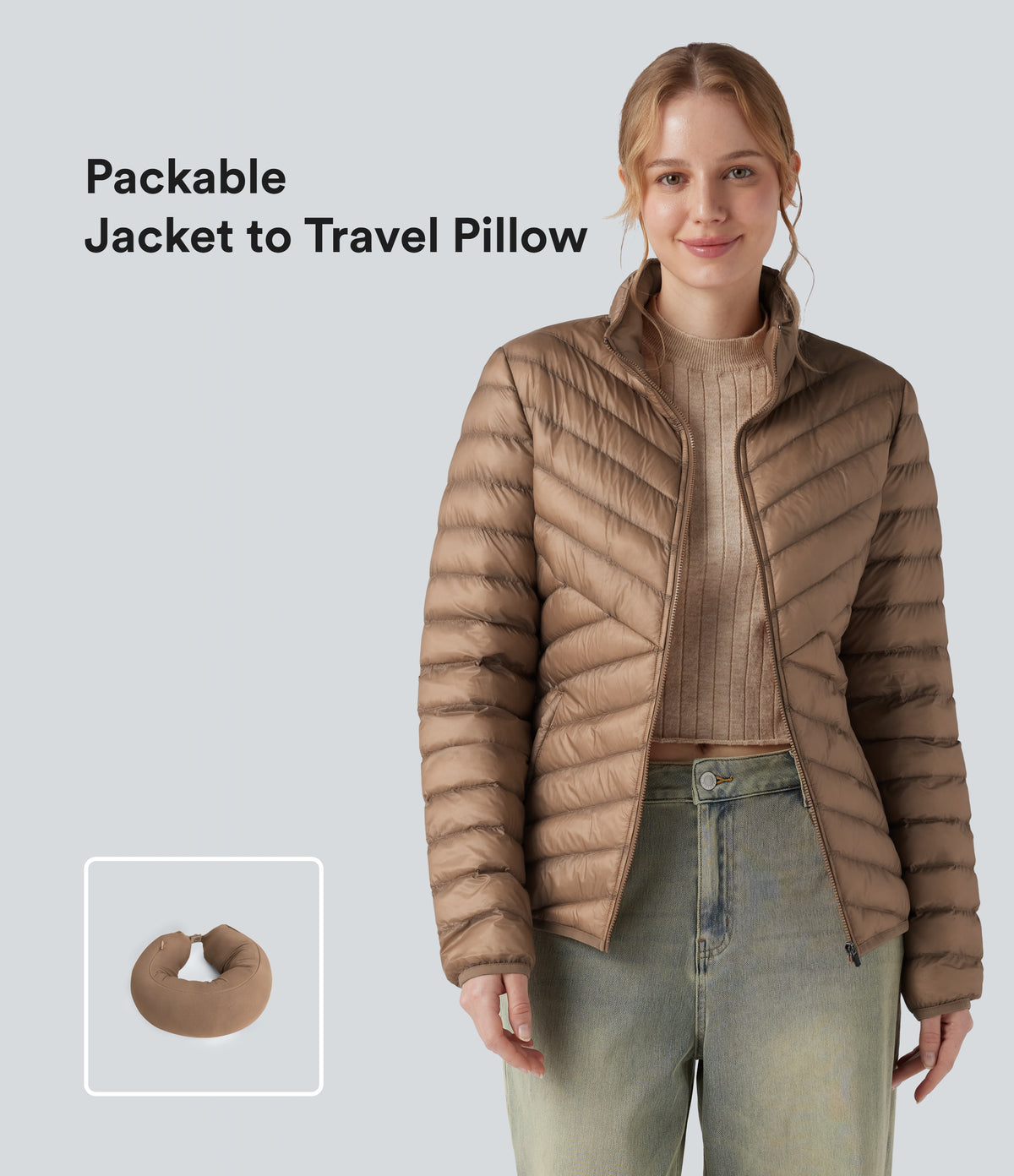 Packable Stand Collar Long Sleeve Zipper Casual Synthetic Down Jacket with Pockets — Coca Mocha — view 1