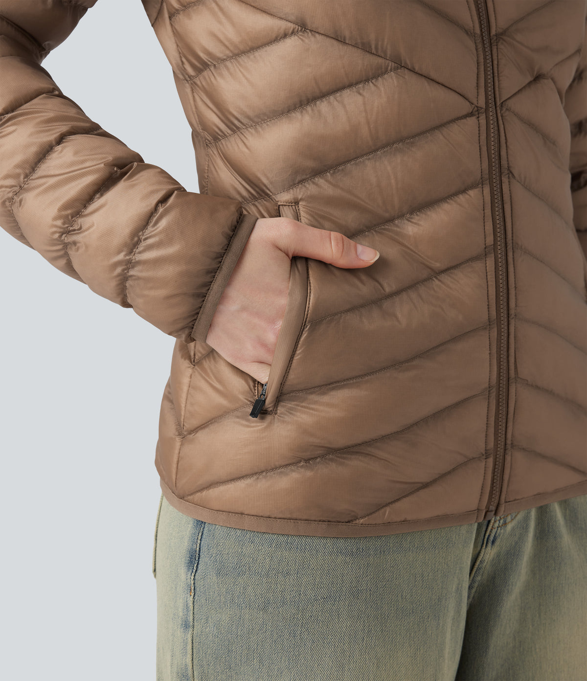 Packable Stand Collar Long Sleeve Zipper Casual Synthetic Down Jacket with Pockets — Coca Mocha — view 5