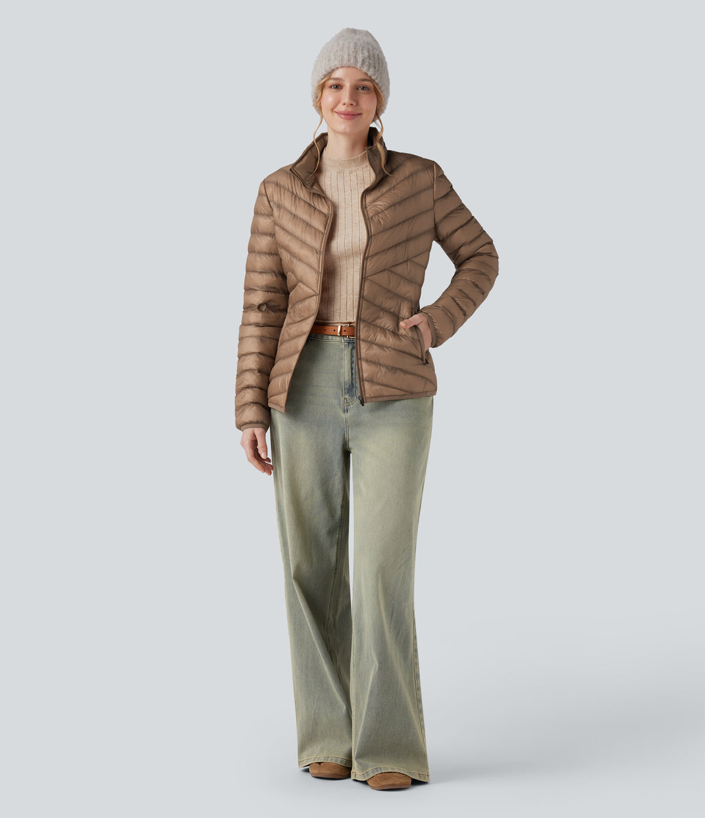 Packable Stand Collar Long Sleeve Zipper Casual Synthetic Down Jacket with Pockets — Coca Mocha — view 6