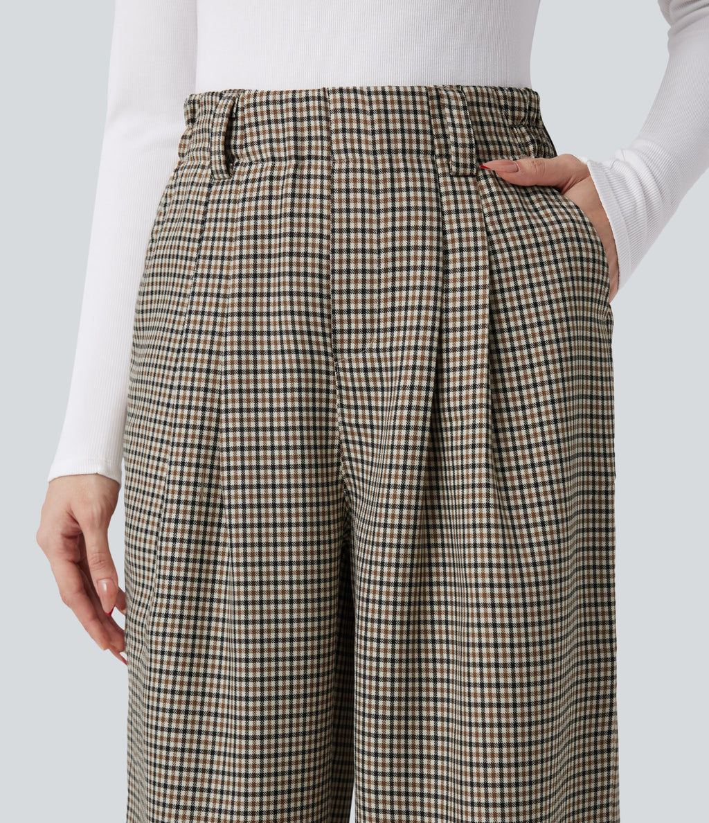 High Waisted Plaid Work Baggy Trousers with Pockets — Cedar Plaid — view 4