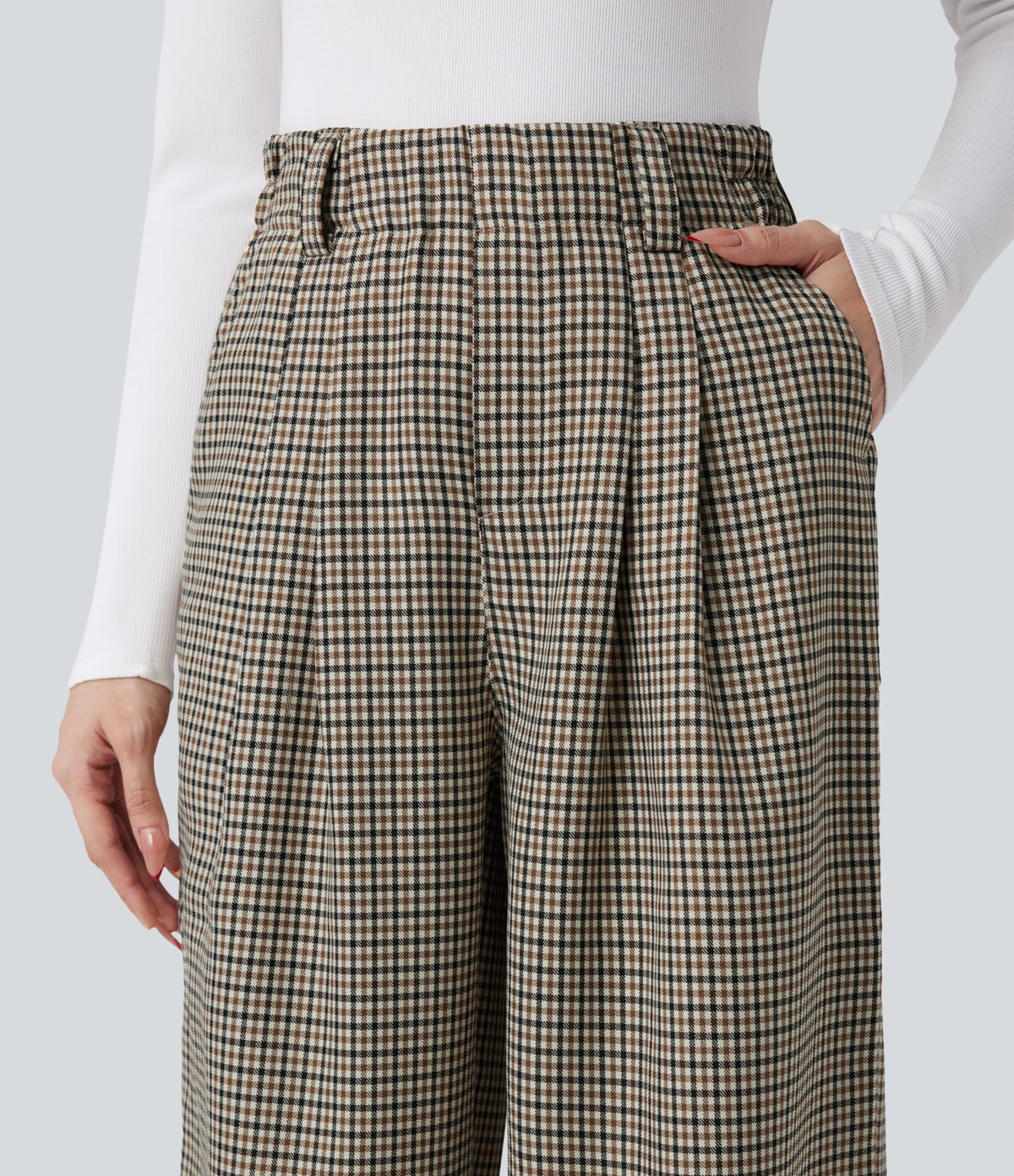 High Waisted Plaid Work Baggy Trousers with Pockets — Cedar Plaid — view 4