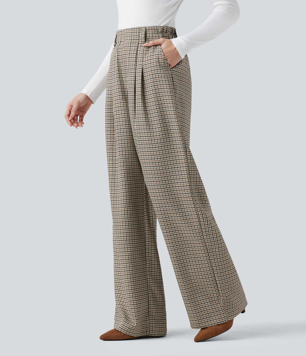 High Waisted Plaid Work Baggy Trousers with Pockets — Cedar Plaid — view 1