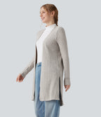 Ribbed Knit Long Sleeve Split Casual Cardigan — Warm Grey Floral Velvet — view 3