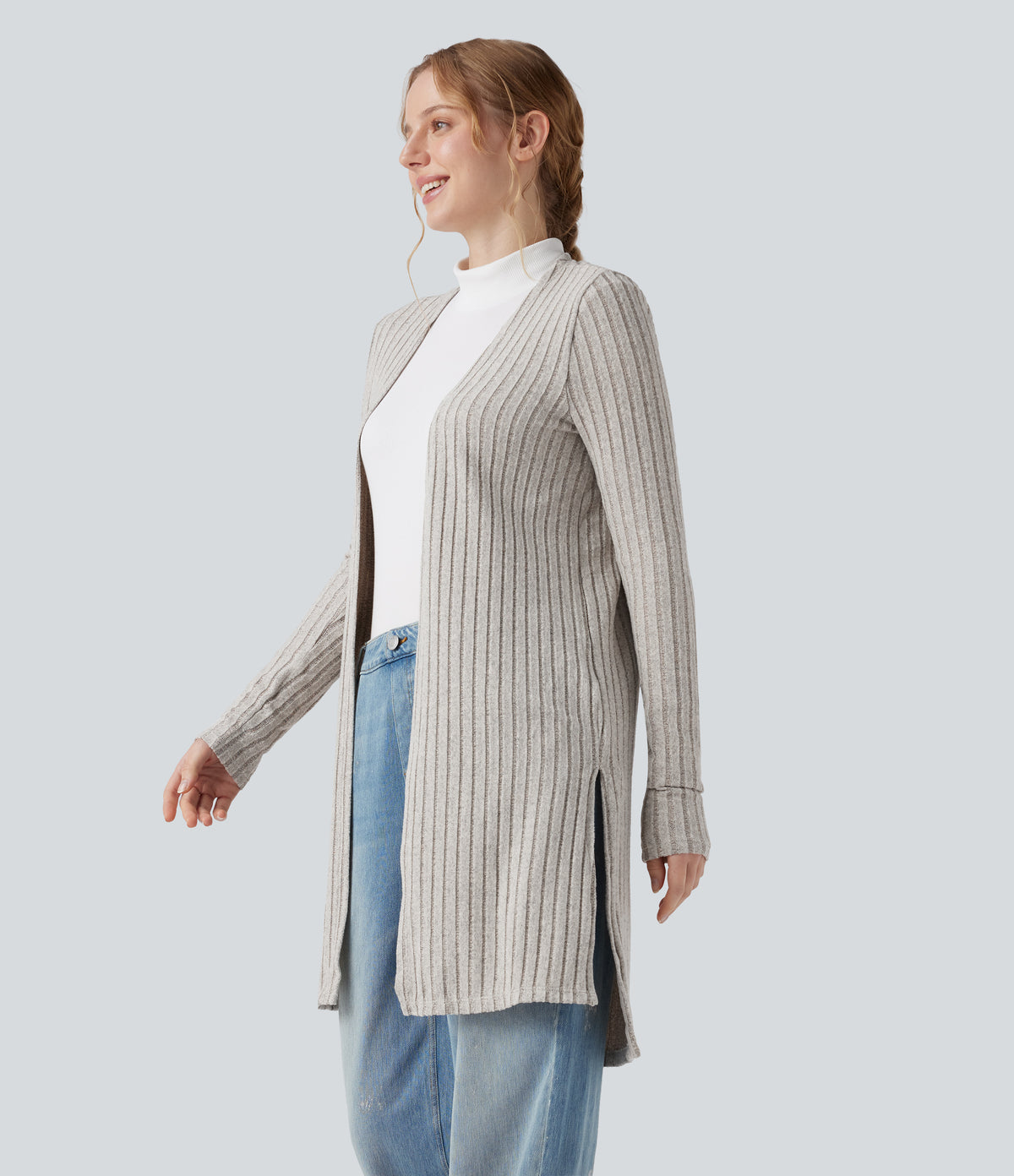 Ribbed Knit Long Sleeve Split Casual Cardigan — Warm Grey Floral Velvet — view 3