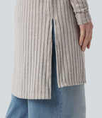 Ribbed Knit Long Sleeve Split Casual Cardigan — Warm Grey Floral Velvet — view 4