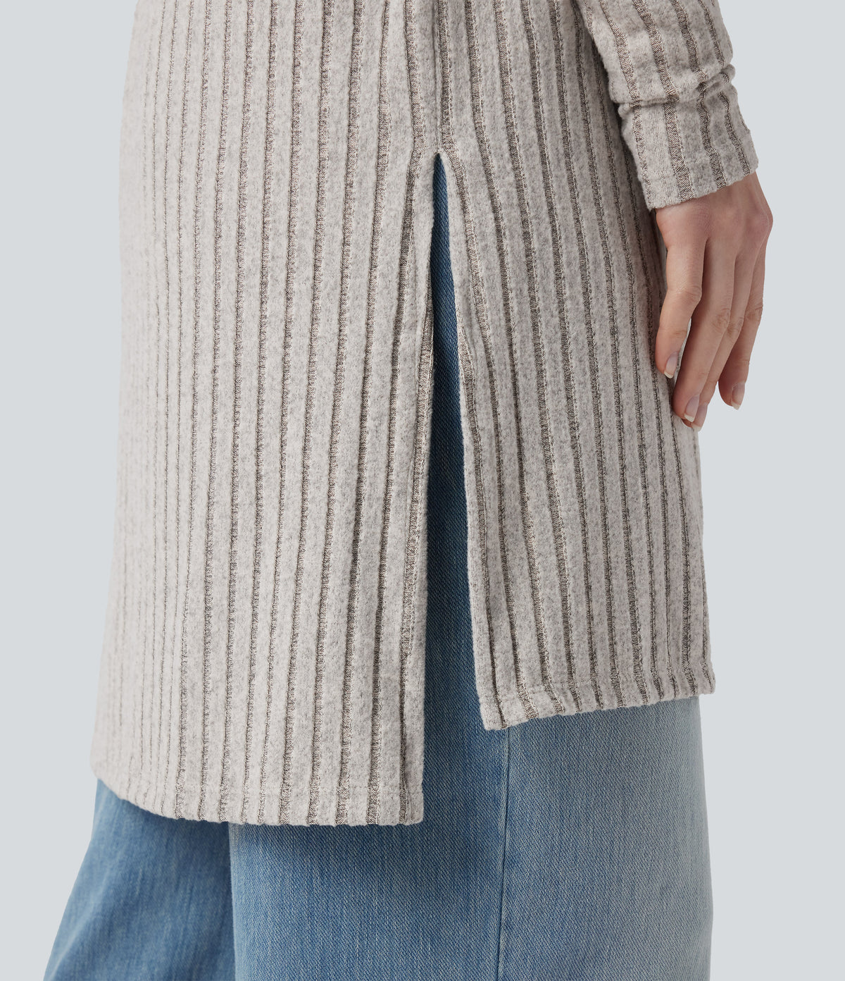 Ribbed Knit Long Sleeve Split Casual Cardigan — Warm Grey Floral Velvet — view 4