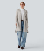 Ribbed Knit Long Sleeve Split Casual Cardigan — Warm Grey Floral Velvet — view 5