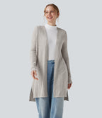 Ribbed Knit Long Sleeve Split Casual Cardigan — Warm Grey Floral Velvet — view 1
