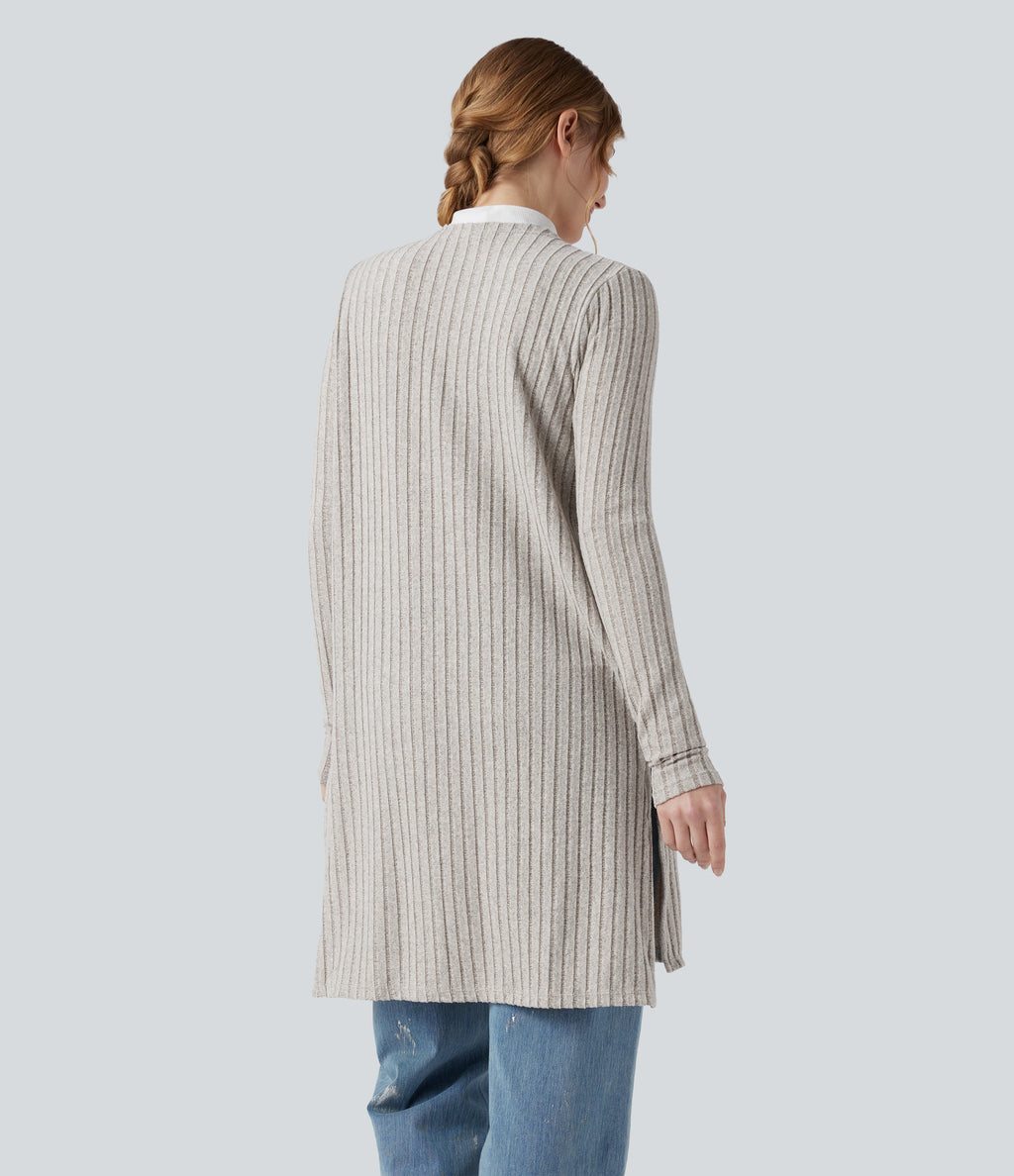 Ribbed Knit Long Sleeve Split Casual Cardigan — Warm Grey Floral Velvet — view 2
