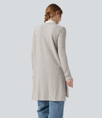 Ribbed Knit Long Sleeve Split Casual Cardigan — Warm Grey Floral Velvet — view 2
