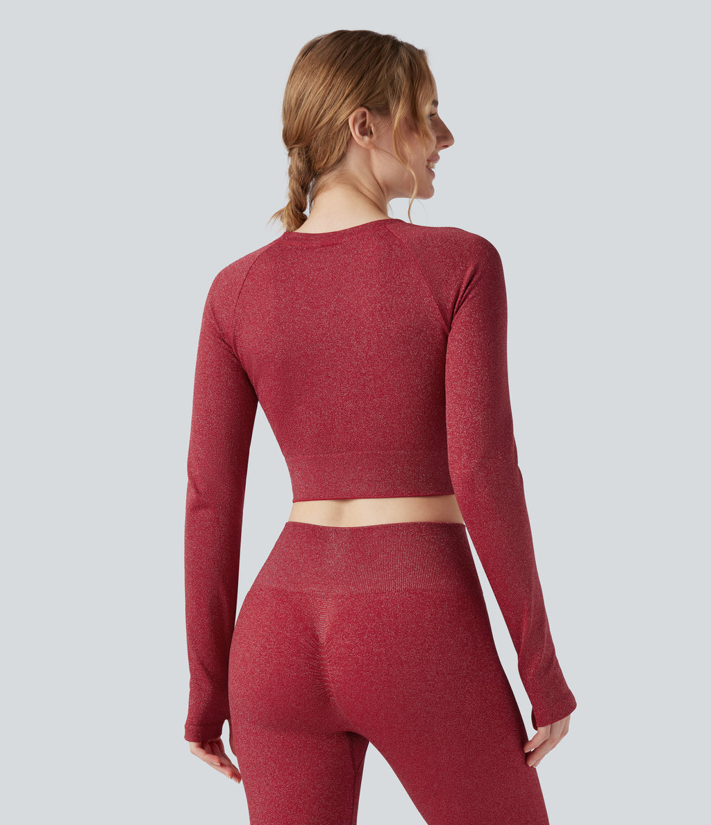 Sparkle OneForm Seamless Flow Round Neck Long Sleeve Thumb Hole Cropped Workout Sports Top — Samba — view 2