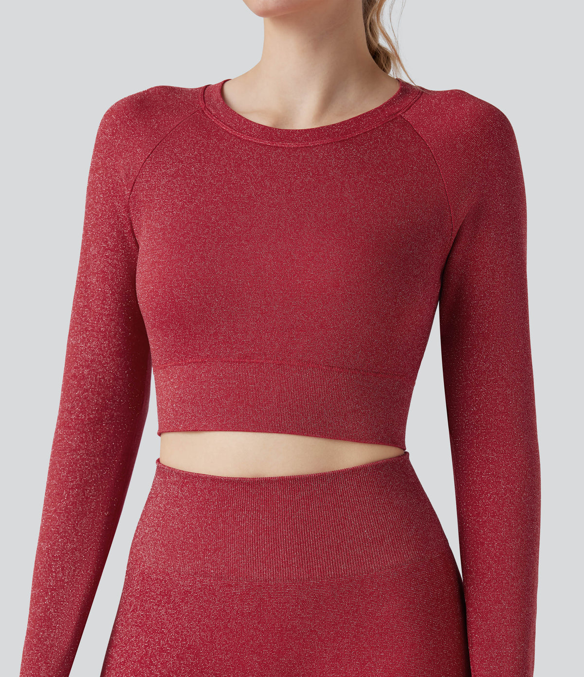 Sparkle OneForm Seamless Flow Round Neck Long Sleeve Thumb Hole Cropped Workout Sports Top — Samba — view 4