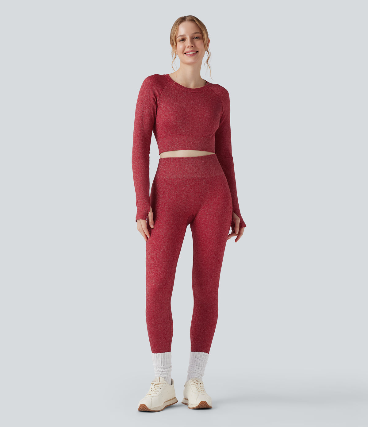 Sparkle OneForm Seamless Flow Round Neck Long Sleeve Thumb Hole Cropped Workout Sports Top — Samba — view 5