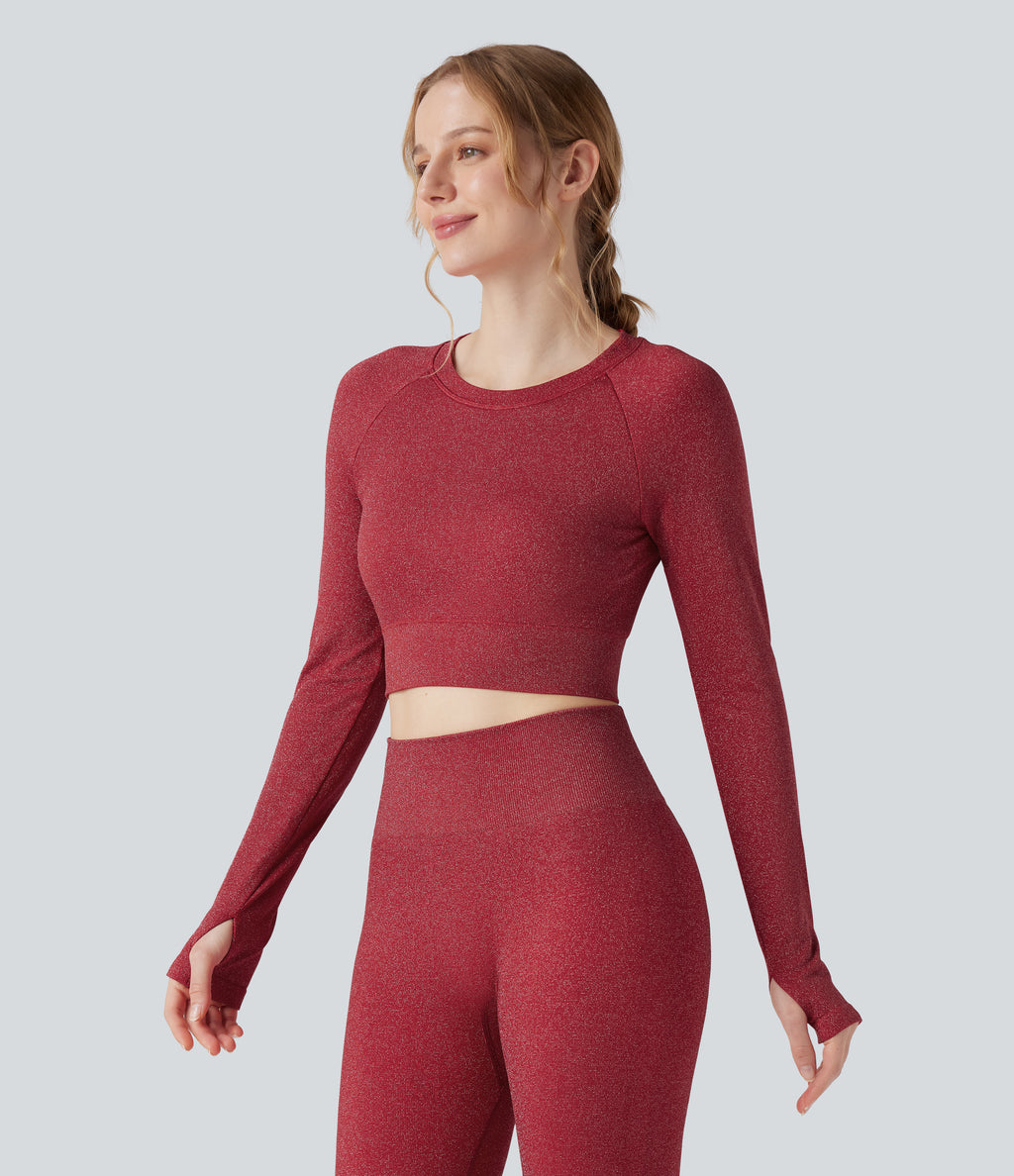 Sparkle OneForm Seamless Flow Round Neck Long Sleeve Thumb Hole Cropped Workout Sports Top — Samba — view 3