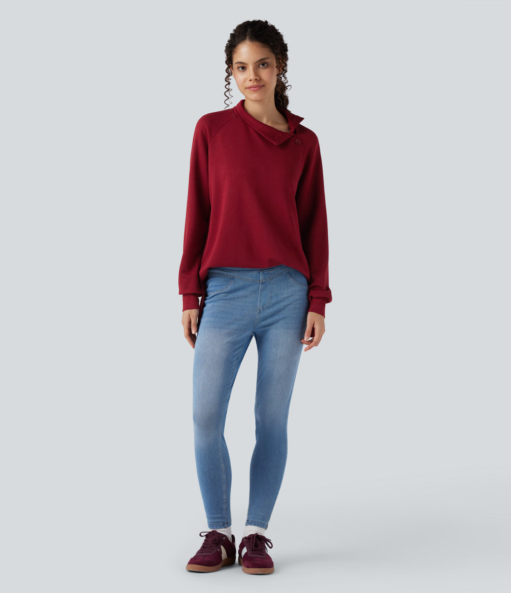 Mock-neck Long Sleeve Split High-Low Relaxed Casual Sweatshirt — Tibetan Red — view 6