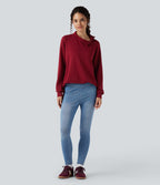 Mock-neck Long Sleeve Split High-Low Relaxed Casual Sweatshirt — Tibetan Red — view 6