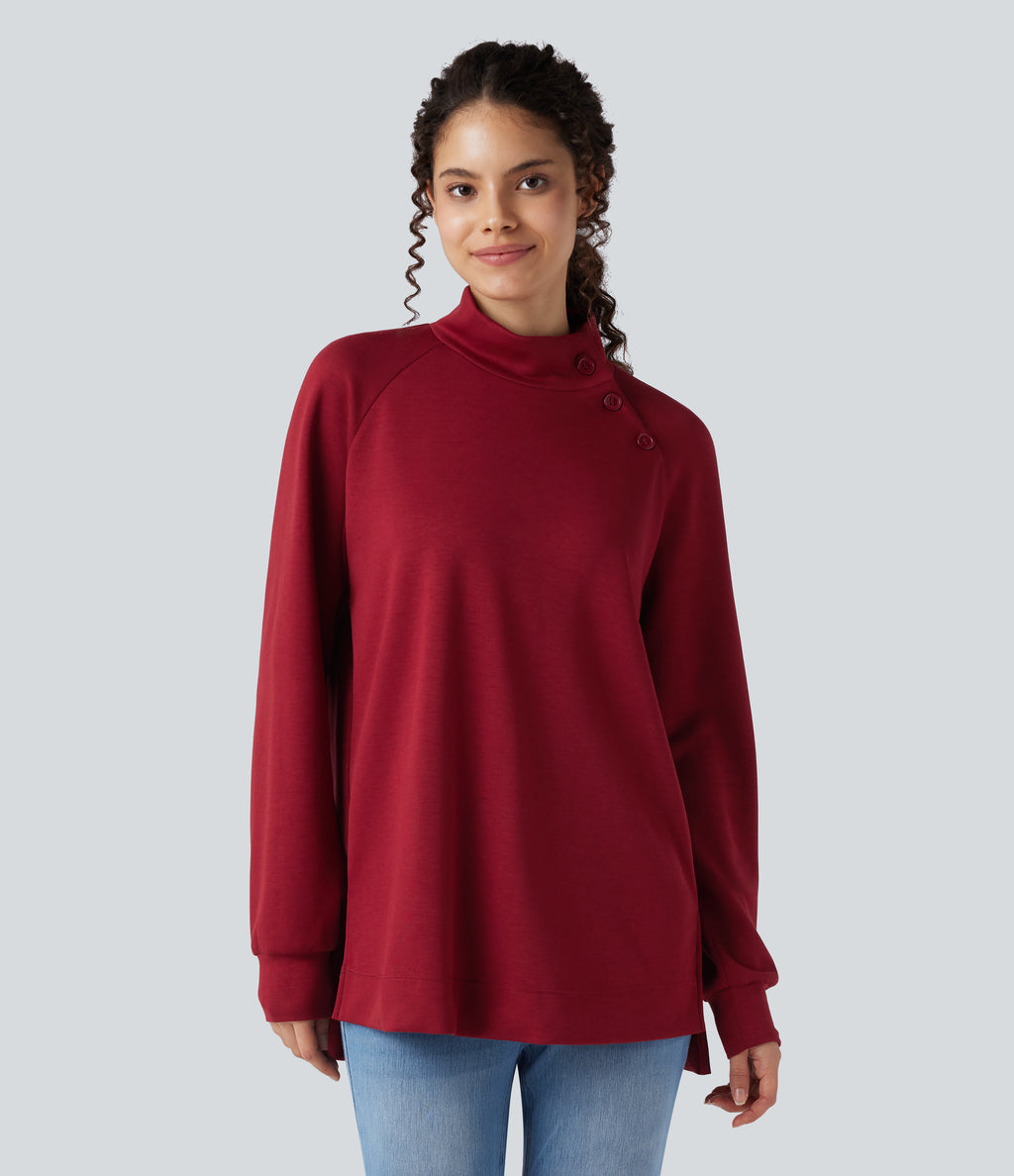 Mock-neck Long Sleeve Split High-Low Relaxed Casual Sweatshirt — Tibetan Red — view 3