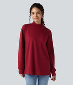 Mock-neck Long Sleeve Split High-Low Relaxed Casual Sweatshirt — Tibetan Red — view 3