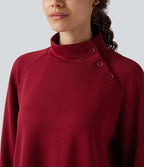 Mock-neck Long Sleeve Split High-Low Relaxed Casual Sweatshirt — Tibetan Red — view 4