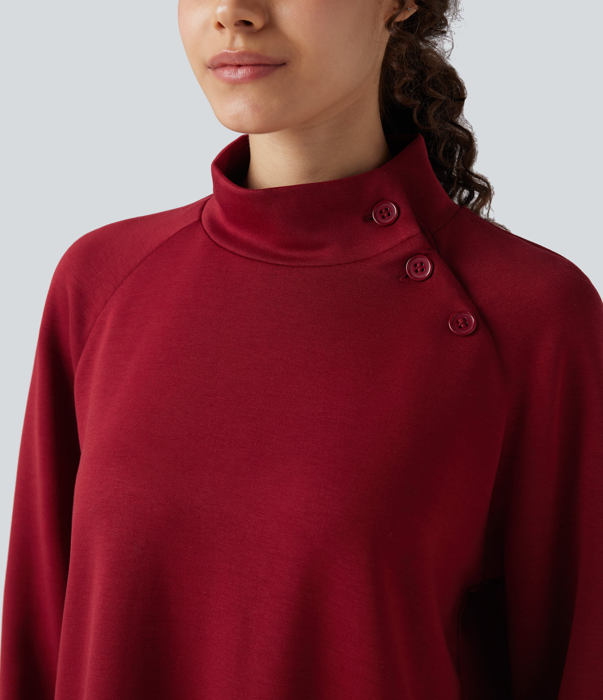 Mock-neck Long Sleeve Split High-Low Relaxed Casual Sweatshirt — Tibetan Red — view 4