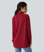 Mock-neck Long Sleeve Split High-Low Relaxed Casual Sweatshirt — Tibetan Red — view 2