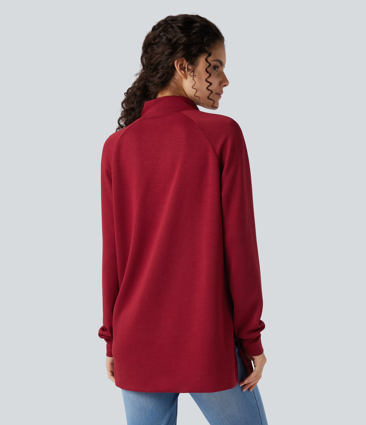 Mock-neck Long Sleeve Split High-Low Relaxed Casual Sweatshirt — Tibetan Red — view 2