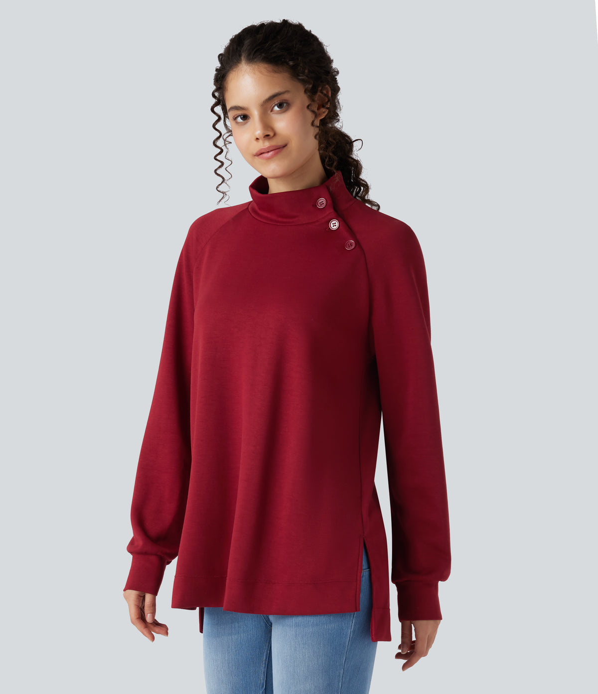 Mock-neck Long Sleeve Split High-Low Relaxed Casual Sweatshirt — Tibetan Red — view 1