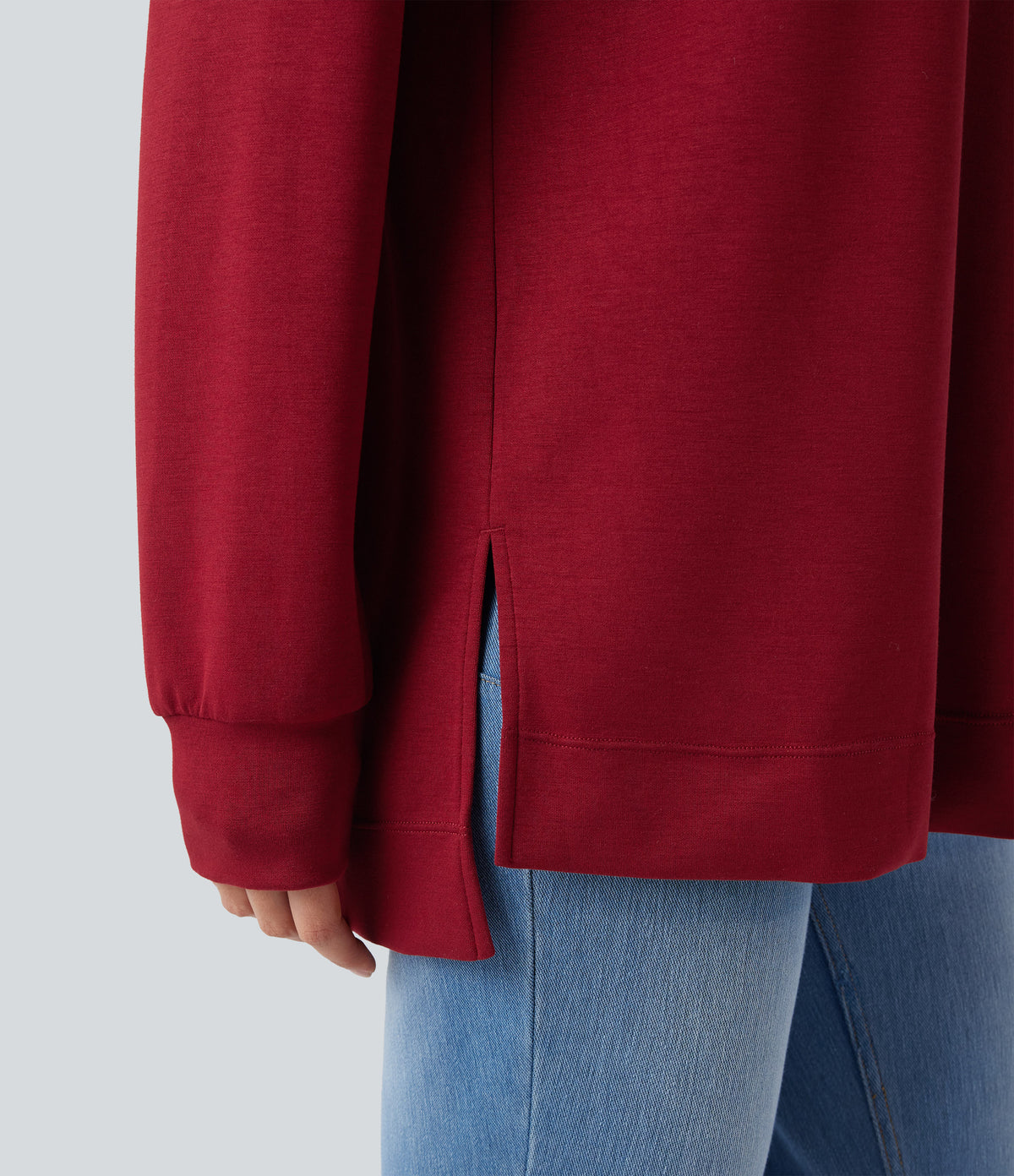 Mock-neck Long Sleeve Split High-Low Relaxed Casual Sweatshirt — Tibetan Red — view 5