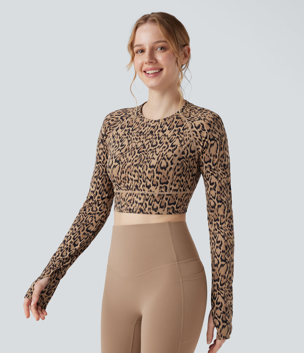 Leopard Print Round Neck Long Sleeve Thumb Hole Cropped Yoga Sports Top — Tan Leopard — view 3