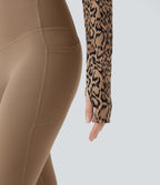 Leopard Print Round Neck Long Sleeve Thumb Hole Cropped Yoga Sports Top — Tan Leopard — view 6