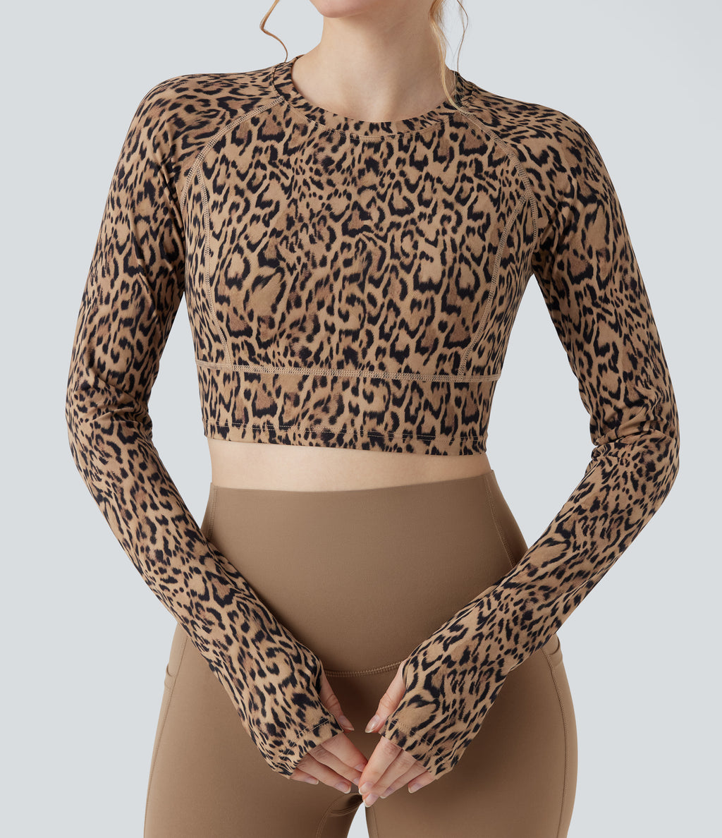 Leopard Print Round Neck Long Sleeve Thumb Hole Cropped Yoga Sports Top — Tan Leopard — view 5