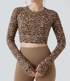 Leopard Print Round Neck Long Sleeve Thumb Hole Cropped Yoga Sports Top — Tan Leopard — view 5
