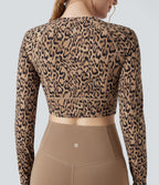 Leopard Print Round Neck Long Sleeve Thumb Hole Cropped Yoga Sports Top — Tan Leopard — view 4