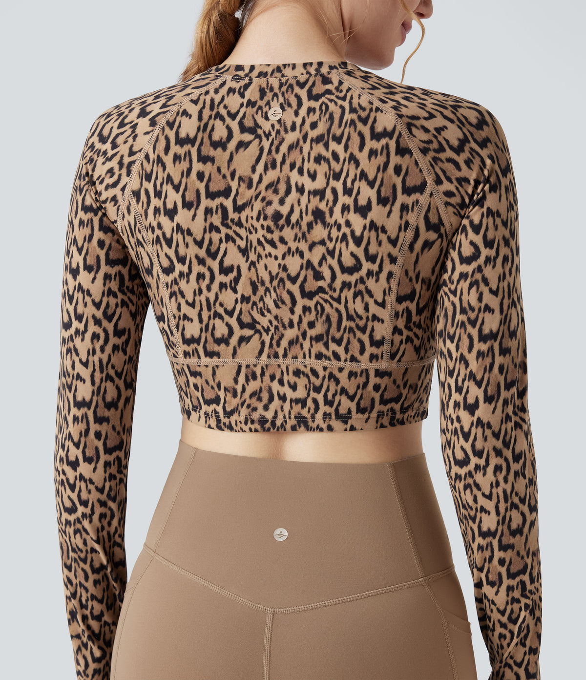 Leopard Print Round Neck Long Sleeve Thumb Hole Cropped Yoga Sports Top — Tan Leopard — view 4
