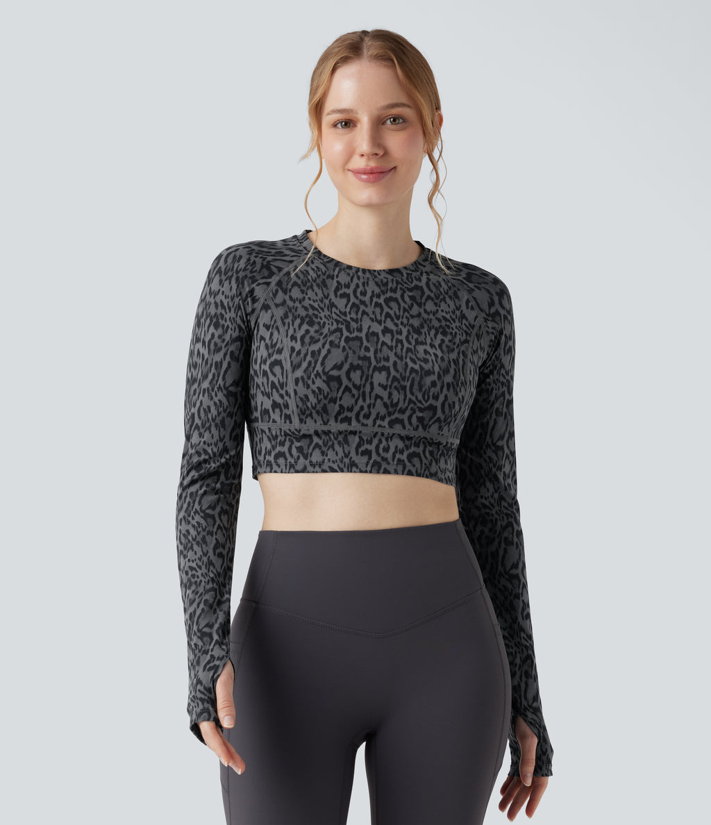 Leopard Print Round Neck Long Sleeve Thumb Hole Cropped Yoga Sports Top — Shadow Leopard — view 8