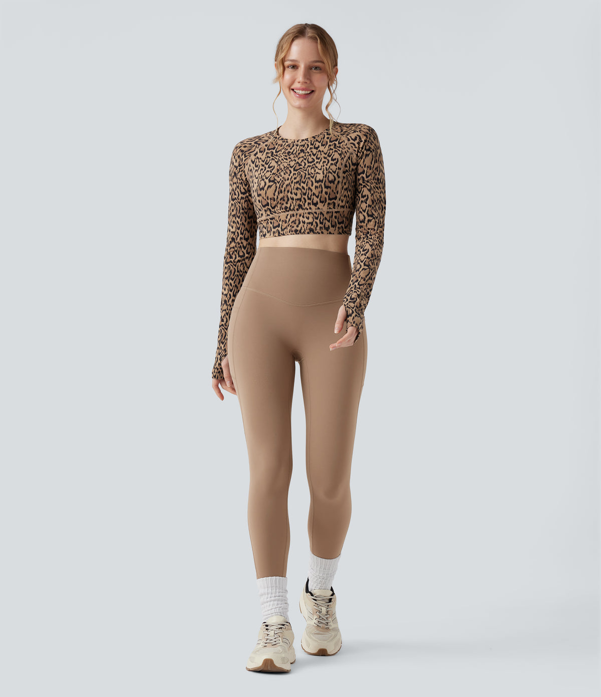 Leopard Print Round Neck Long Sleeve Thumb Hole Cropped Yoga Sports Top — Tan Leopard — view 7
