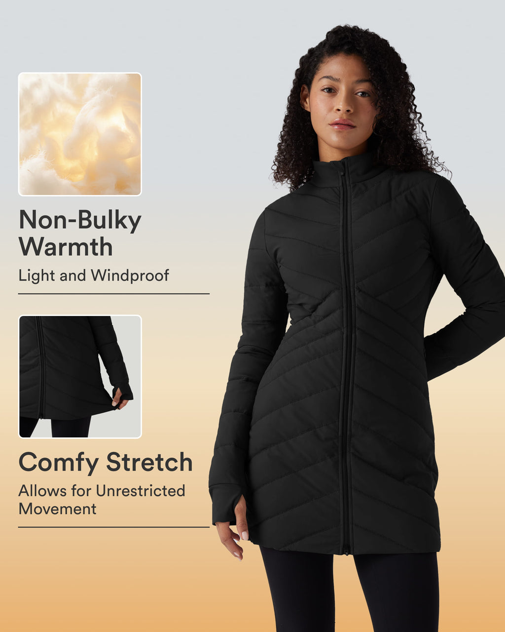 High Collar Long Sleeve Thumb Holes Zip Hem Detail Stretch Fabric Slim Casual Quilted Jacket with Pockets — Black — view 1
