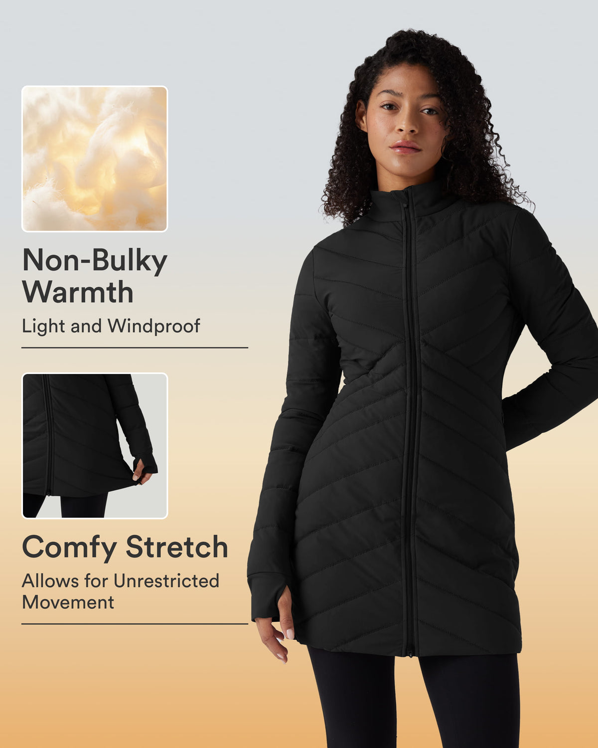High Collar Long Sleeve Thumb Holes Zip Hem Detail Stretch Fabric Slim Casual Quilted Jacket with Pockets — Black — view 1