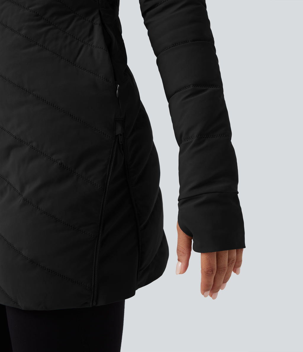 High Collar Long Sleeve Thumb Holes Zip Hem Detail Stretch Fabric Slim Casual Quilted Jacket with Pockets — Black — view 8