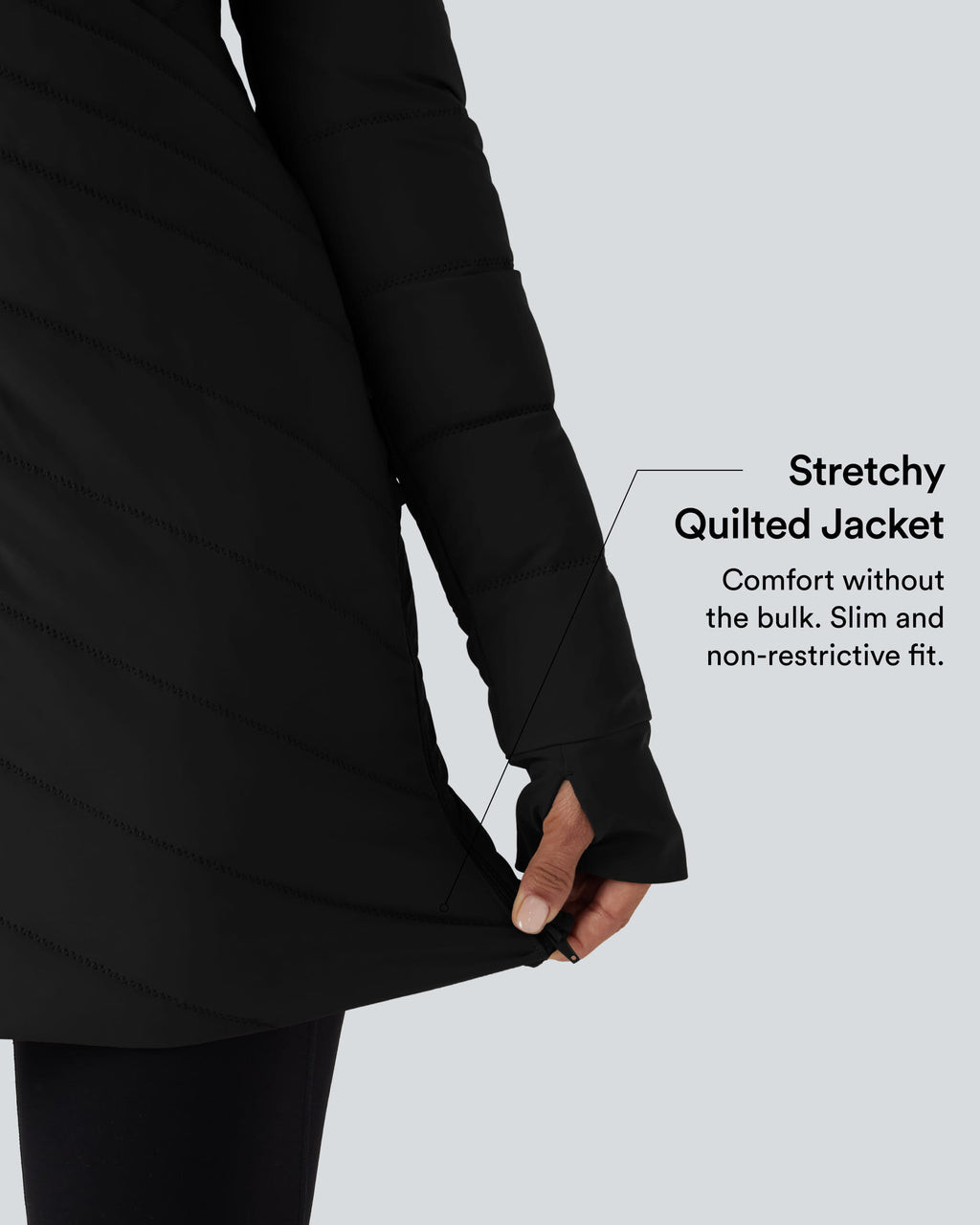 High Collar Long Sleeve Thumb Holes Zip Hem Detail Stretch Fabric Slim Casual Quilted Jacket with Pockets — Black — view 4