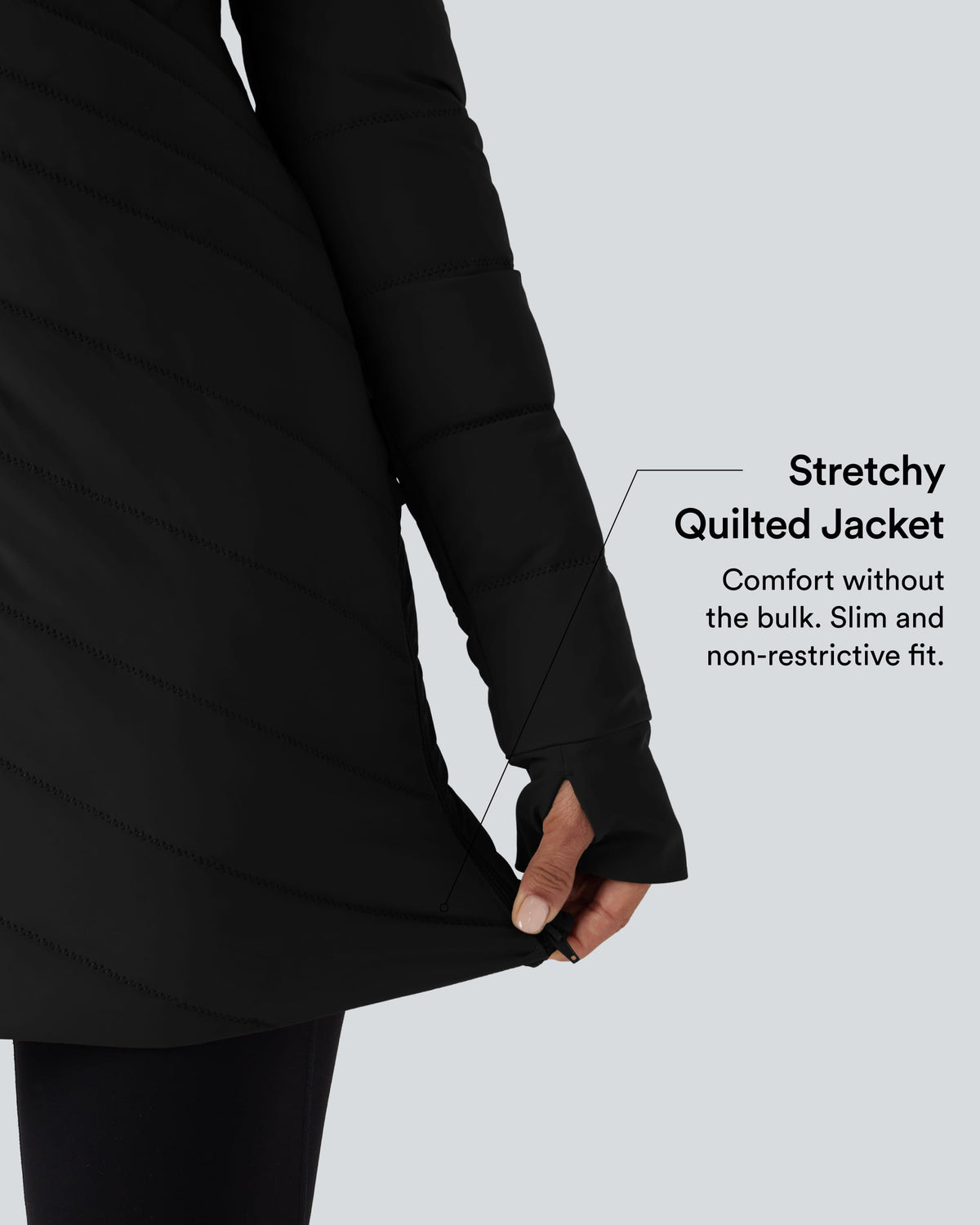 High Collar Long Sleeve Thumb Holes Zip Hem Detail Stretch Fabric Slim Casual Quilted Jacket with Pockets — Black — view 4
