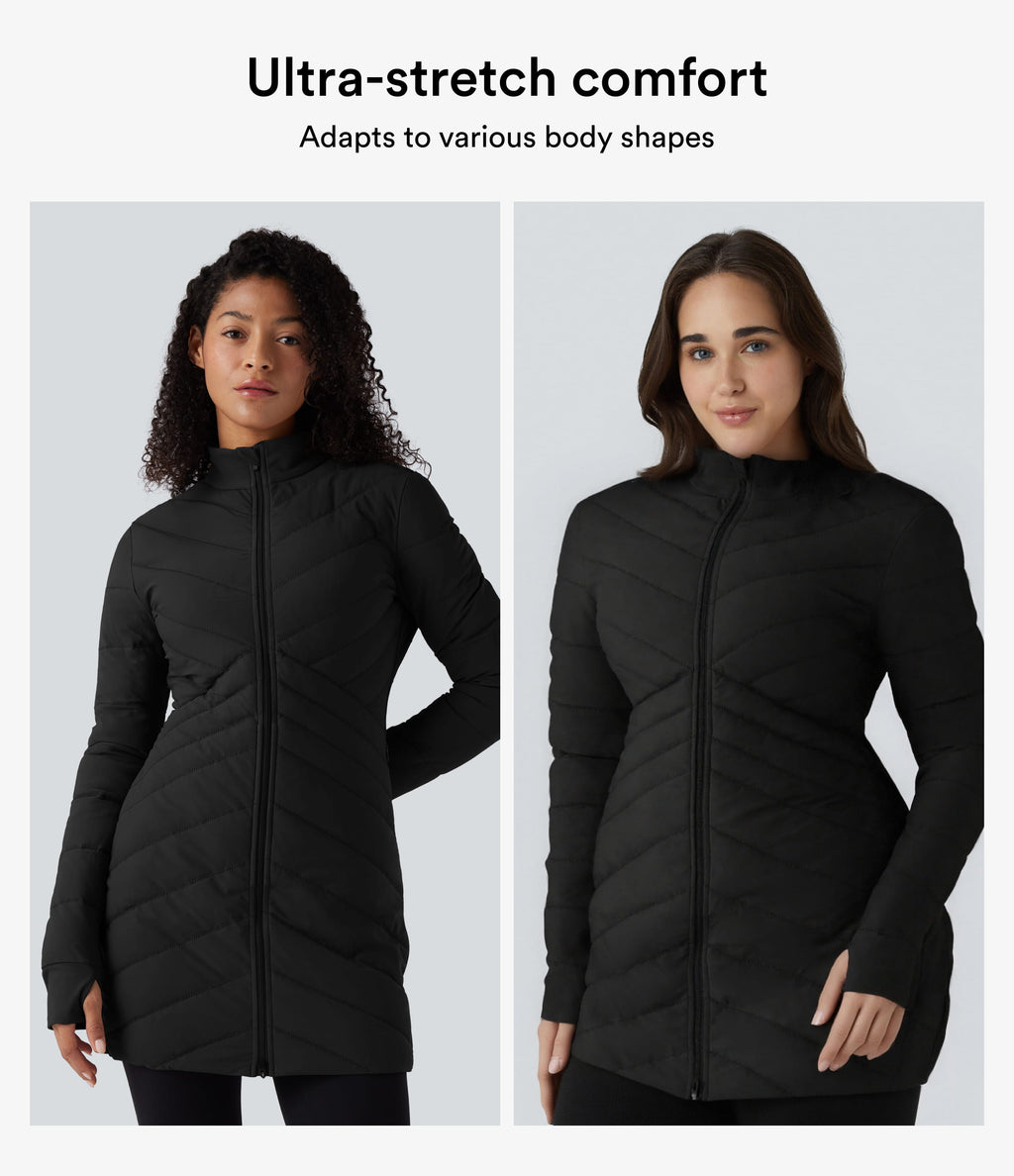 High Collar Long Sleeve Thumb Holes Zip Hem Detail Stretch Fabric Slim Casual Quilted Jacket with Pockets — Black — view 3