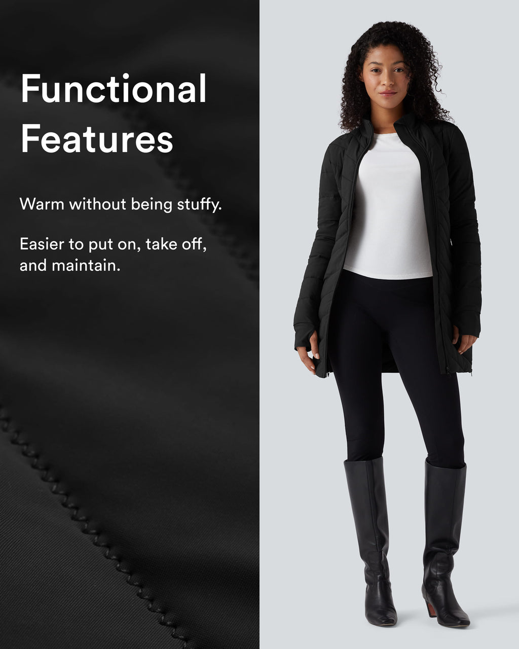 High Collar Long Sleeve Thumb Holes Zip Hem Detail Stretch Fabric Slim Casual Quilted Jacket with Pockets — Black — view 2